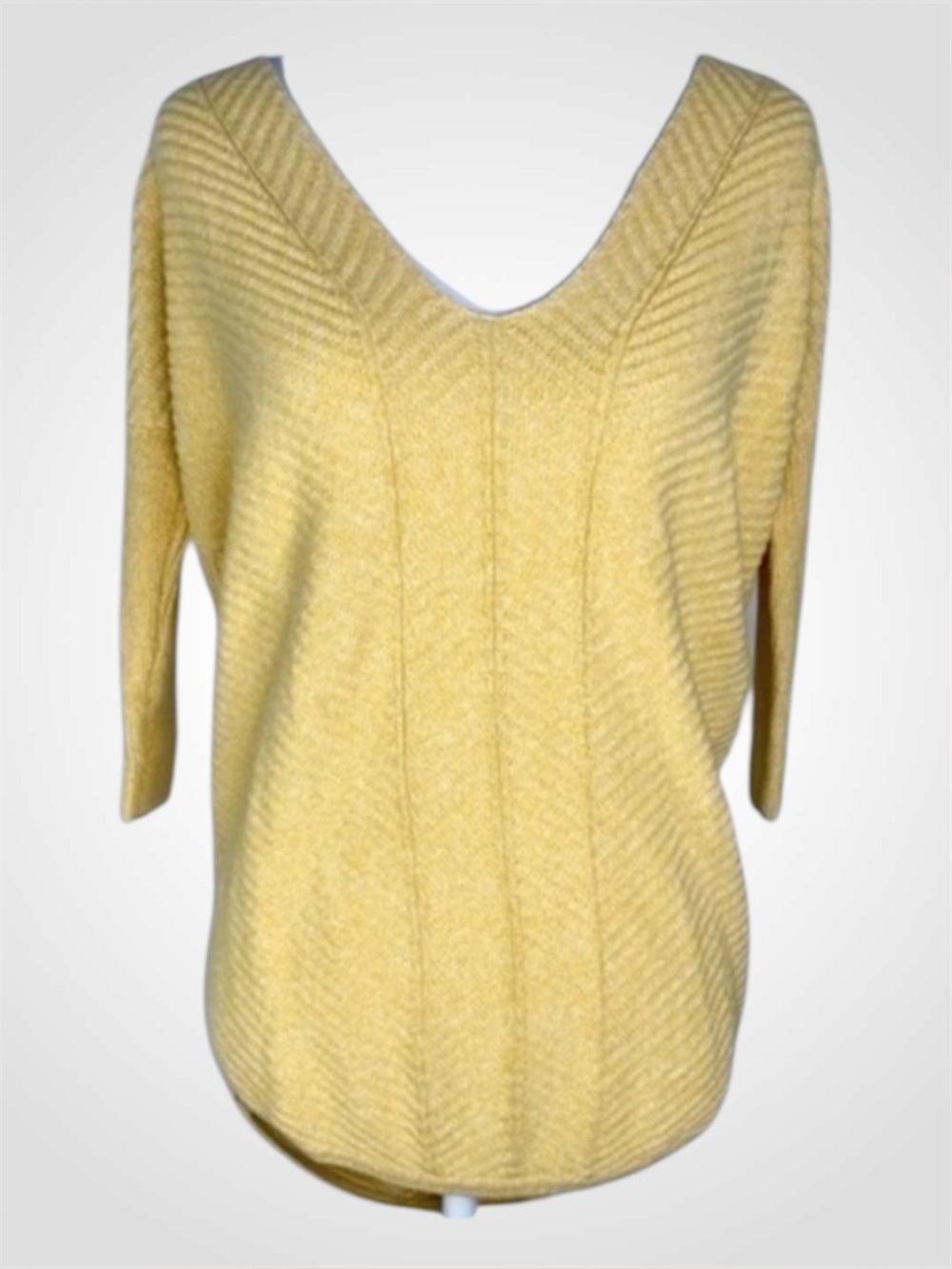Express Yellow 3/4 Sleeve Loose Fitting V-Neck Herringbone Round  Hem Sweater XS
